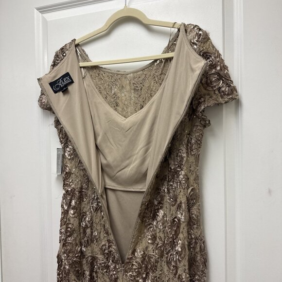 New Alex Evenings Size 12 Beige Embellished Lace Maxi Formal Gown Dress Rosette - Picture 9 of 11